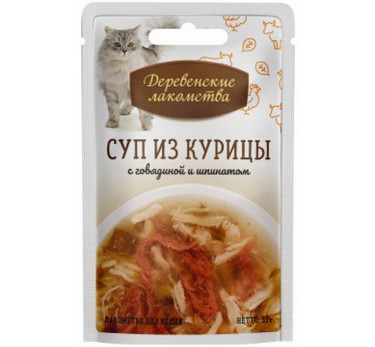 Деревенские лакомства пауч д/кош. Суп из курицы с говядиной и шпинатом 35г